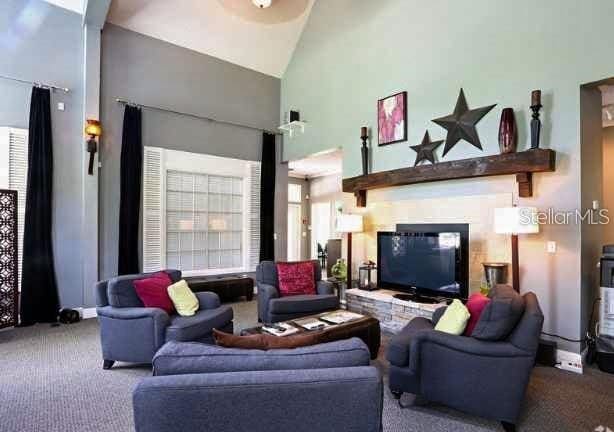 carpeted living room with a high ceiling