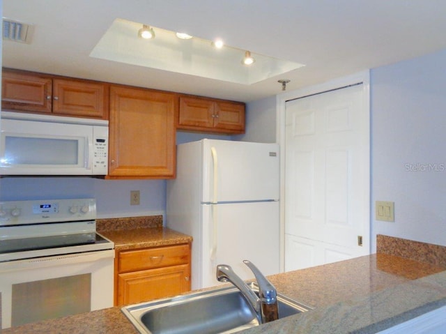 kitchen featuring white appliances, light stone counters, a tray ceiling, and sink