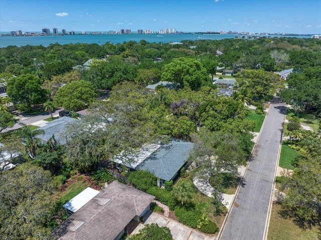 birds eye view of property featuring a water view