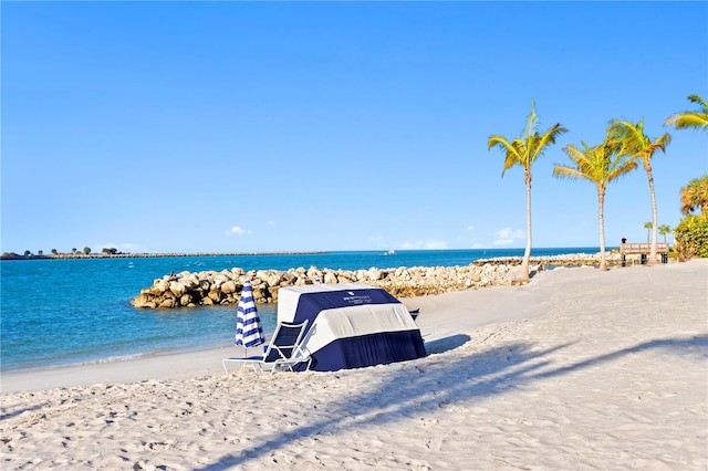 view of water feature with a beach view