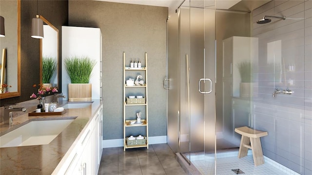 bathroom featuring double sink vanity, tile flooring, and walk in shower