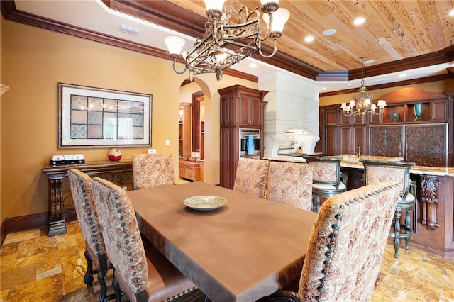 dining area with a raised ceiling, crown molding, wood ceiling, and a notable chandelier