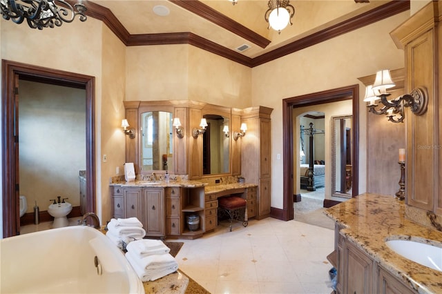 bathroom featuring a washtub, crown molding, a towering ceiling, a bidet, and vanity