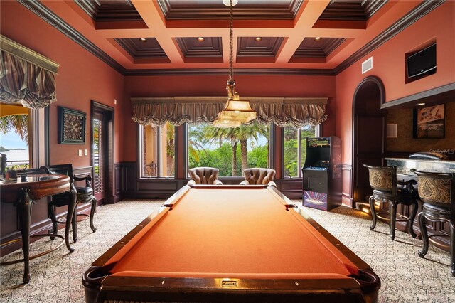 playroom featuring beamed ceiling, crown molding, and coffered ceiling