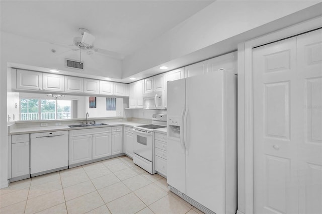 kitchen with ceiling fan, sink, white appliances, and white cabinets