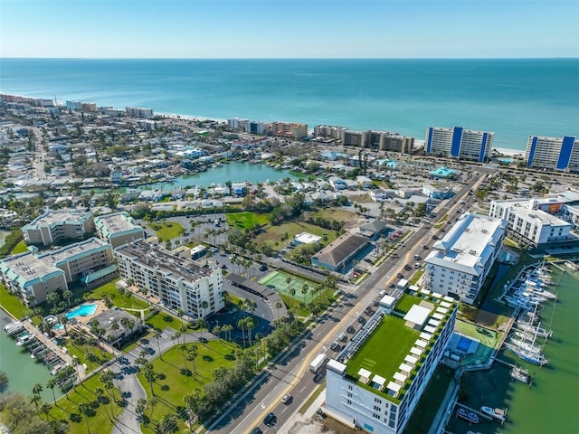 bird's eye view featuring a water view and a city view