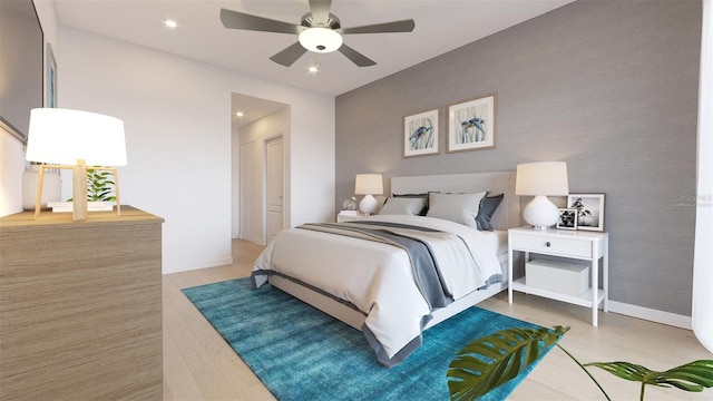 bedroom featuring wallpapered walls, baseboards, a ceiling fan, an accent wall, and recessed lighting