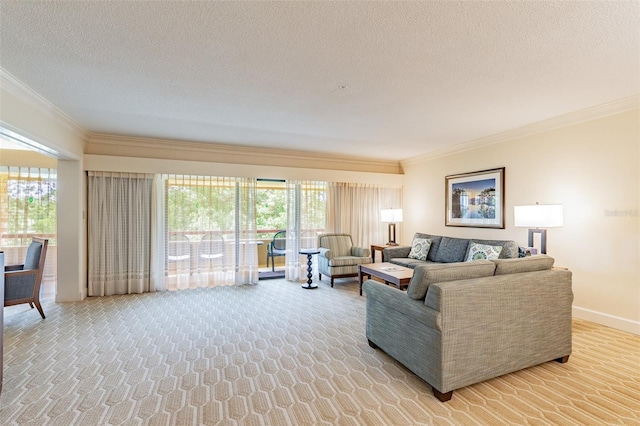 living area with a healthy amount of sunlight, crown molding, and a textured ceiling