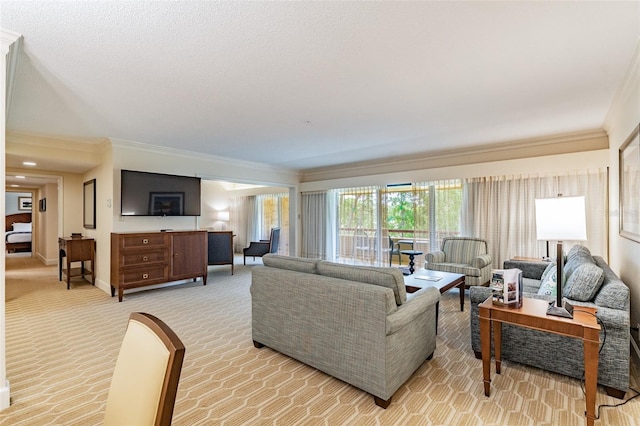 living area with light carpet, ornamental molding, and baseboards