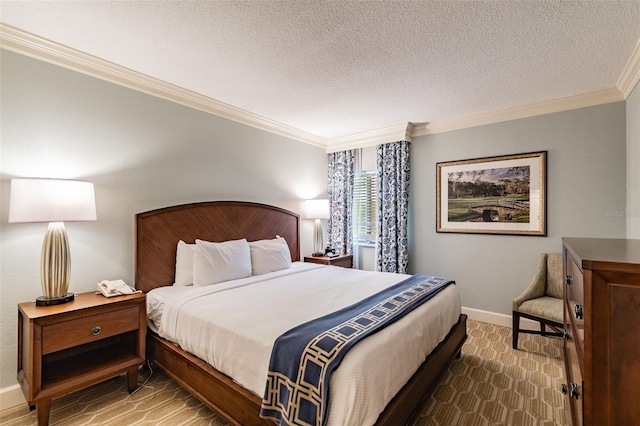 bedroom with a textured ceiling, baseboards, and crown molding