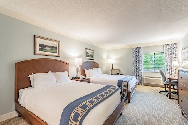 bedroom featuring ornamental molding, light carpet, a textured ceiling, and baseboards