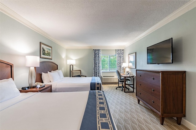 bedroom featuring light carpet, baseboards, ornamental molding, and a textured ceiling