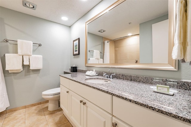 full bathroom with tile patterned flooring, toilet, recessed lighting, vanity, and baseboards