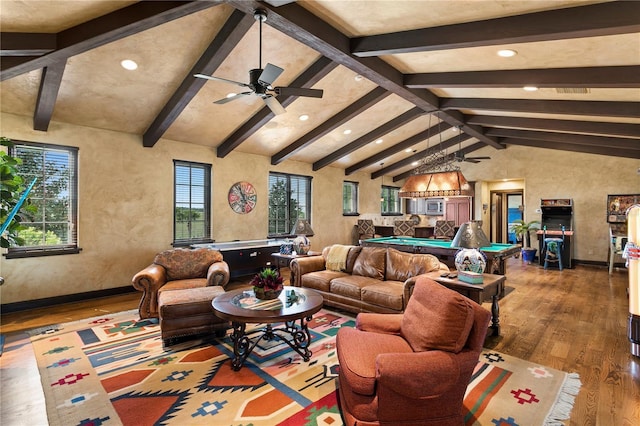 living room featuring ceiling fan, lofted ceiling with beams, pool table, and hardwood / wood-style floors