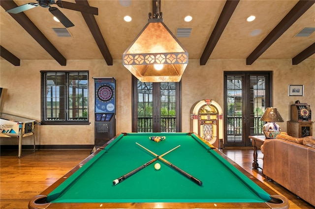 game room featuring hardwood / wood-style flooring, pool table, and ceiling fan