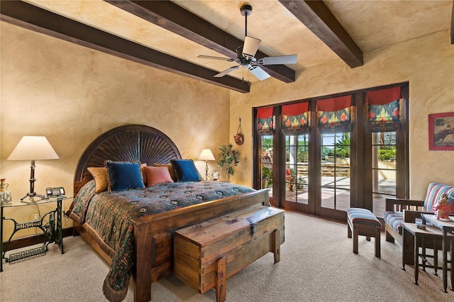 carpeted bedroom with ceiling fan, access to outside, and beamed ceiling