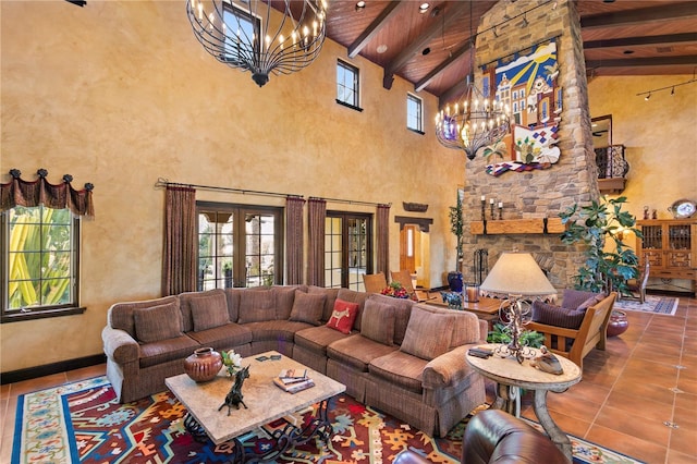 tiled living room with high vaulted ceiling, a chandelier, beam ceiling, and wood ceiling