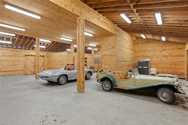 garage with wood walls