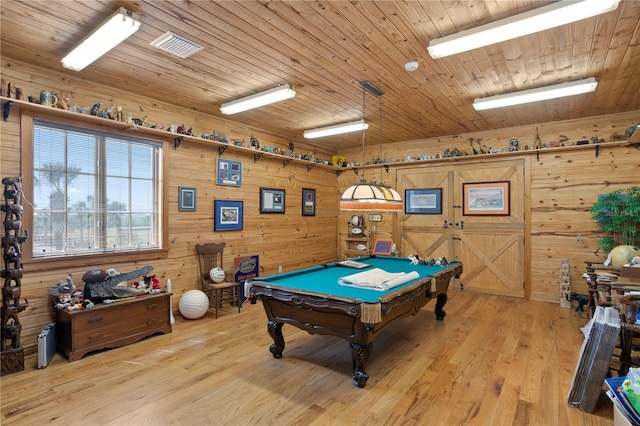 playroom featuring billiards, light wood-type flooring, wooden walls, and wooden ceiling