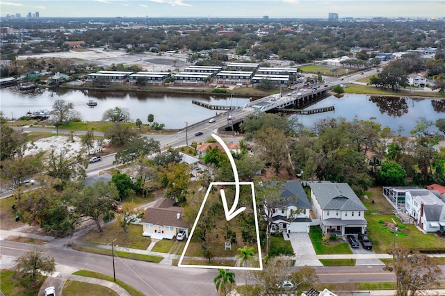 drone / aerial view with a water view