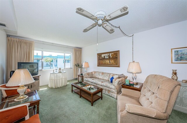 living room with carpet flooring and a textured ceiling