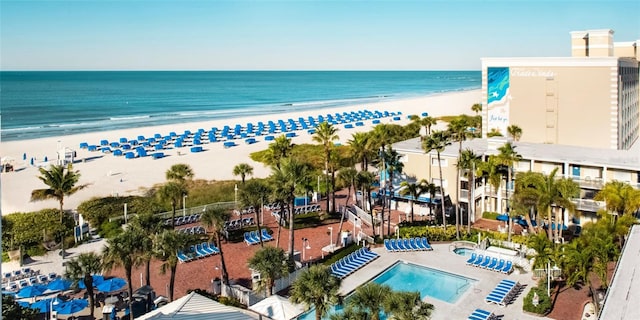 aerial view featuring a beach view and a water view