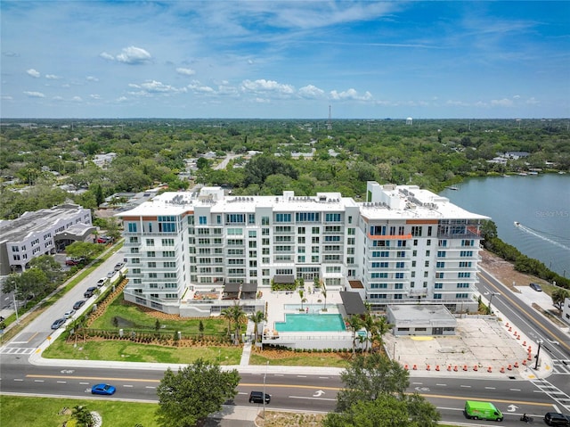 aerial view featuring a water view