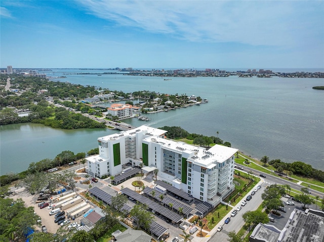 bird's eye view with a water view