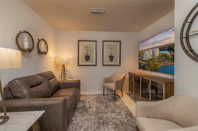 living room featuring dark carpet