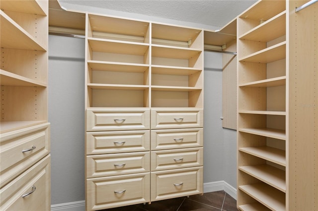 spacious closet with dark tile patterned floors