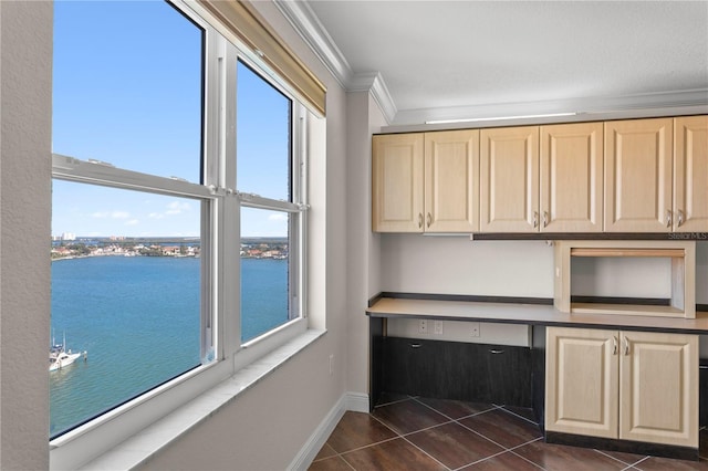 unfurnished office featuring a water view, dark tile patterned flooring, and ornamental molding