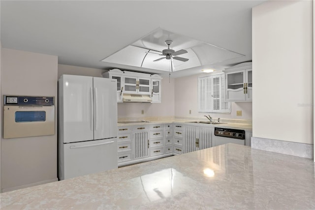 kitchen featuring white cabinets, ceiling fan, white appliances, and sink