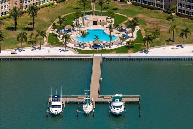 drone / aerial view with a water view