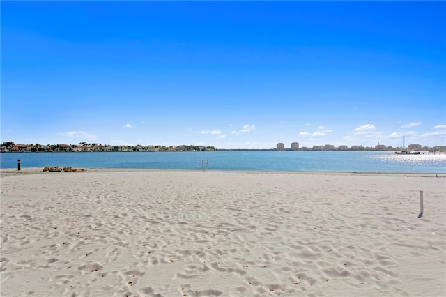 view of water feature with a beach view