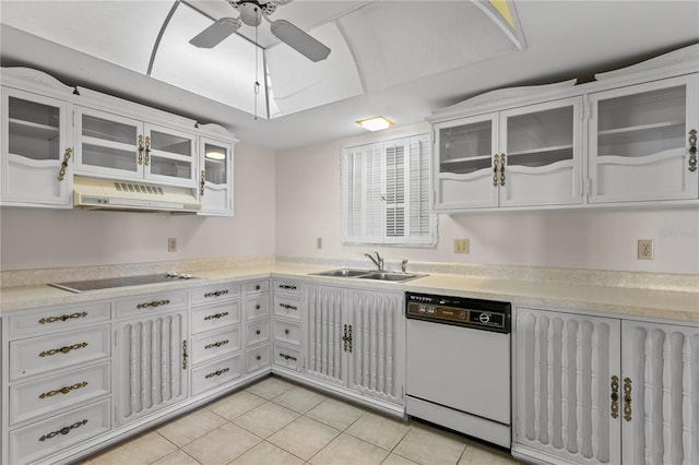 kitchen with white cabinetry, dishwasher, sink, stovetop, and light tile patterned floors