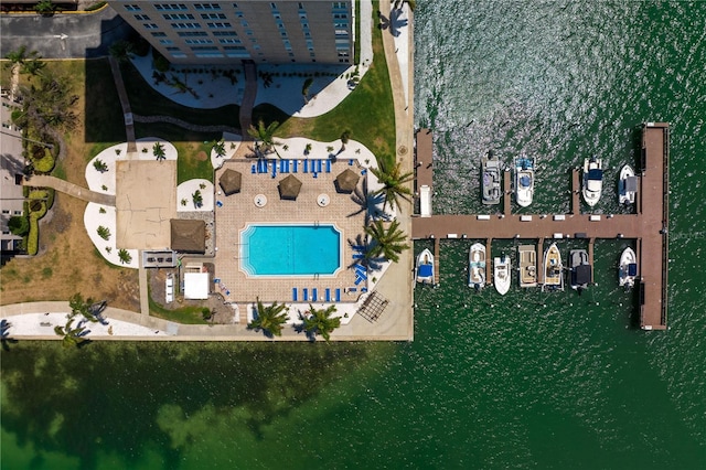 drone / aerial view featuring a water view