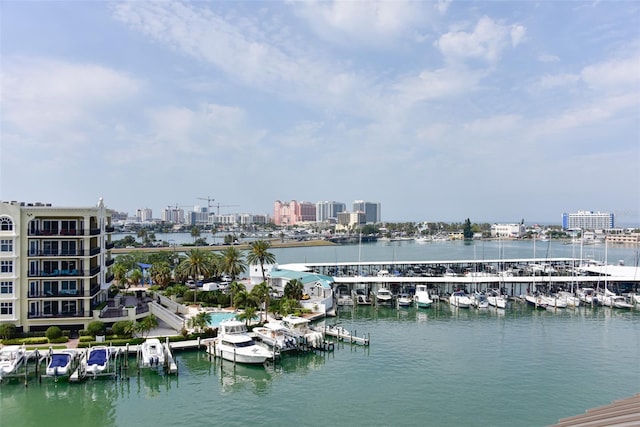 property view of water with a dock