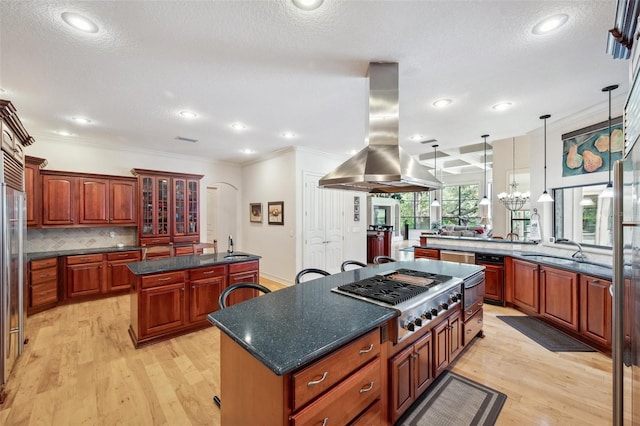 kitchen featuring sink, light hardwood / wood-style flooring, stainless steel gas stovetop, island range hood, and a kitchen island