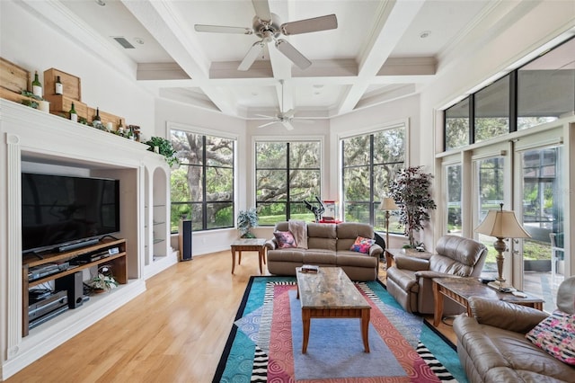 sunroom / solarium featuring beam ceiling, ceiling fan, plenty of natural light, and coffered ceiling