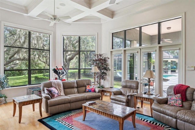 sunroom with ceiling fan, beamed ceiling, and coffered ceiling