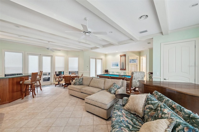 living room with beam ceiling, ceiling fan, pool table, light tile patterned flooring, and ornamental molding