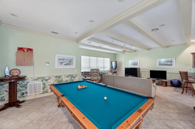 game room featuring ceiling fan, light tile patterned flooring, ornamental molding, and billiards