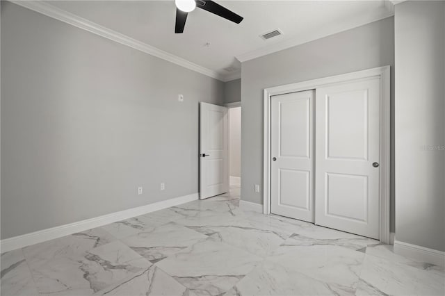 unfurnished bedroom with a closet, ceiling fan, and ornamental molding