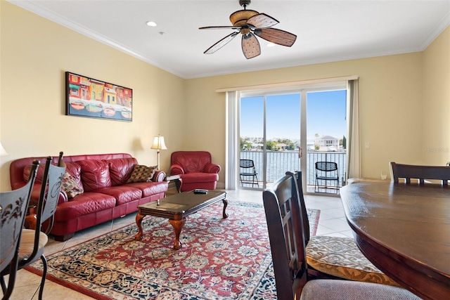 tiled living room featuring crown molding and ceiling fan