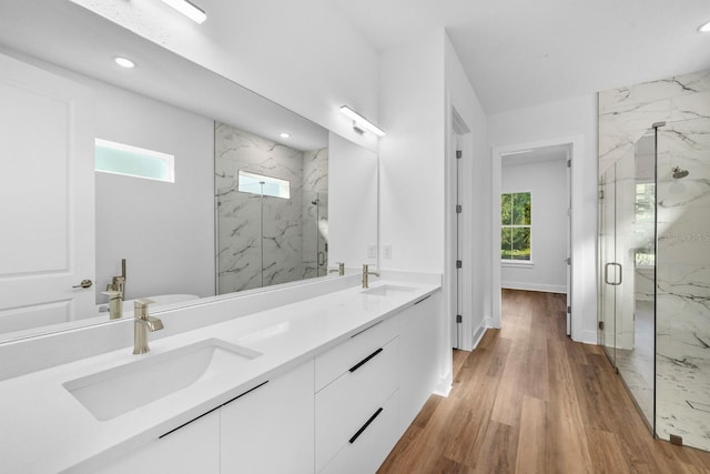 bathroom with walk in shower, plenty of natural light, vanity, and hardwood / wood-style flooring