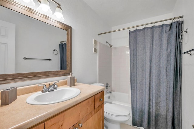 full bathroom featuring toilet, shower / bathtub combination with curtain, and vanity