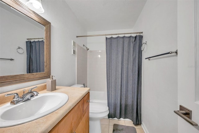 full bathroom featuring toilet, shower / bathtub combination with curtain, tile floors, and vanity