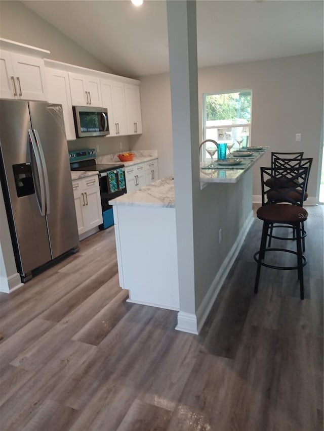 kitchen with appliances with stainless steel finishes, light stone counters, dark wood-type flooring, white cabinetry, and lofted ceiling