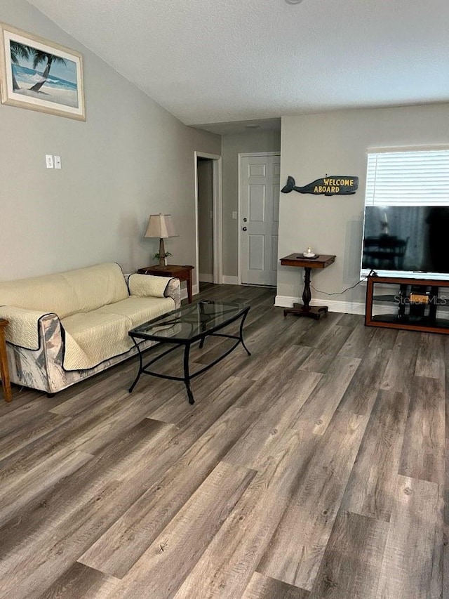 living room featuring vaulted ceiling, hardwood / wood-style floors, and a textured ceiling