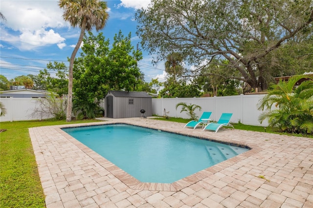 view of swimming pool with a patio area and a storage unit